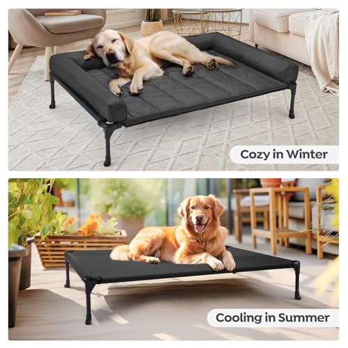 Veehoo Outdoor Hundeliege erhöht, Hundebett Erhöht mit abnehmbarem Bloster Kühlendes Erhöhtes Hundebett mit Atmungsaktivem Teslin-Netz für Haus und Garten, Schwarz 107 x 76 x 18cm