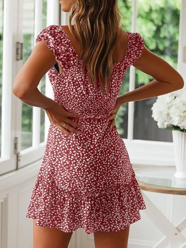 Image of Womens Summer Floral Sundress Ruffle Sleeve Sweetheart Short Mini Dresses | Sun Dress, Sexy, Flowy, Print, Smocked Waist, Western Boho, Beach, Date Night, Country Concert