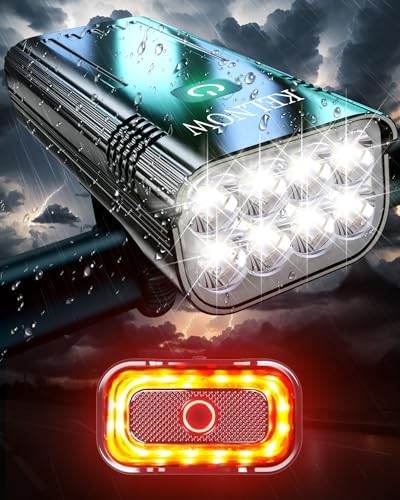 8 LED Bike Lights for Night Riding & Smart Bike Tail Light, High Lumen 10000 mAh Headlight 30H Runtime Aluminum Bicycle Light, Brake Sensing Rear Lights, IPX6 Waterproof USB Rechargeable LED Light