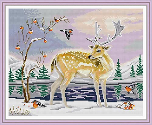 Kit Point de Croix Wapiti et Oiseau 11CT Broderie Estampée 40x50 cm pour Débutant