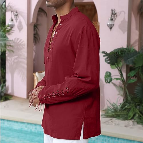Image of CTU Men's Cotton Shirt Pirate Shirt Medieval Viking Renaissance Costume | V-Neck,Drawstring Collar,Linen Tunic,Ren Faire,Plus Size,Goth,Big and Tall,Halloween