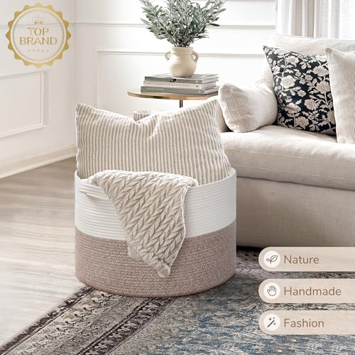 Image of INDRESSME Large Blanket Basket, Laundry Toy Storage Baskets, Decorative Woven Basket for Living Room & Nursery, Baskets for Gifts Empty, Laundry, Dog Toys, Towels, White & Brown, 19.7 inch D x 12.6 inch H