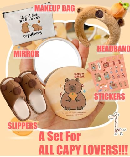 Cute Capybara House Slippers for Women Girls - Lined Cotton Memory Foam Comfort Wear Bedroom Slides, Kawaii Animals Christmas Gift, Capy Makeup Set includes Cosmetic Bag & Mirror & Headband & Stickers2