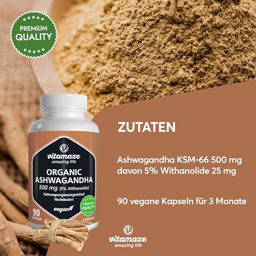 Ashwagandha Kapseln hochdosiert - KSM-66® - min. 5000mg reines Ashwagandha aus 500mg Extrakt (10-15:1), 5% Withanolide, 90 vegane Kapseln für 3 Monate mit Ashwagandha Wurzelextrakt, hoch bioverfügbar – Bild 4