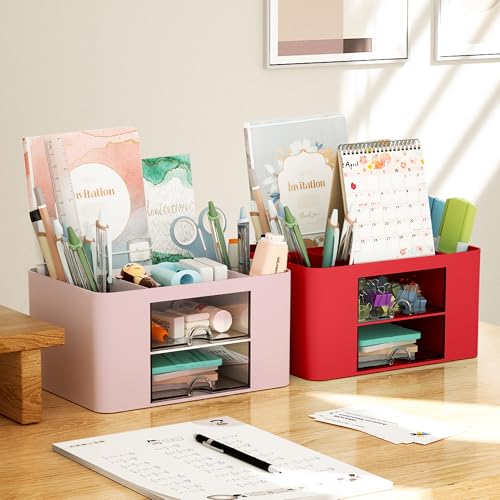 Image of Marbrasse Pen Organizer with 2 Drawer, Multi-Functional Pencil Holder for Desk, Desk Organizers and Accessories with 5 Compartments + Drawer for Office Art Supplies (Red)