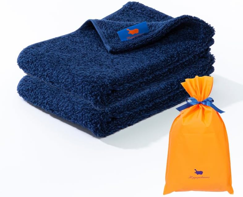 Hippopotamus Gym Towel Set of 2, Organic Cotton & Bamboo, Gift Bag, Navy | 13.5 x 37.5 Inch • Sports Towel • Ultra Soft • Highly Absorbent • OEKO-TEX Standard 100 • Made in Japan
