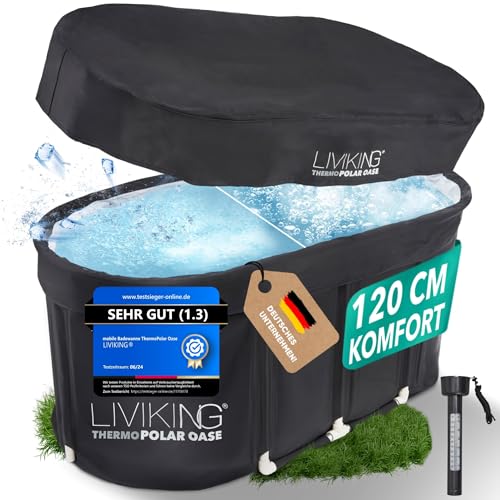 LIVIKING® Eisbad + Faltbare Badewanne Erwachsene [120 cm - 2in1 KOMFORT KOMPLETTSET] Eisbaden Tonne, Mobile Badewanne Outdoor & Eistonne – Jetzt Eintauchen! (ThermoPolar Oase, schwarz)