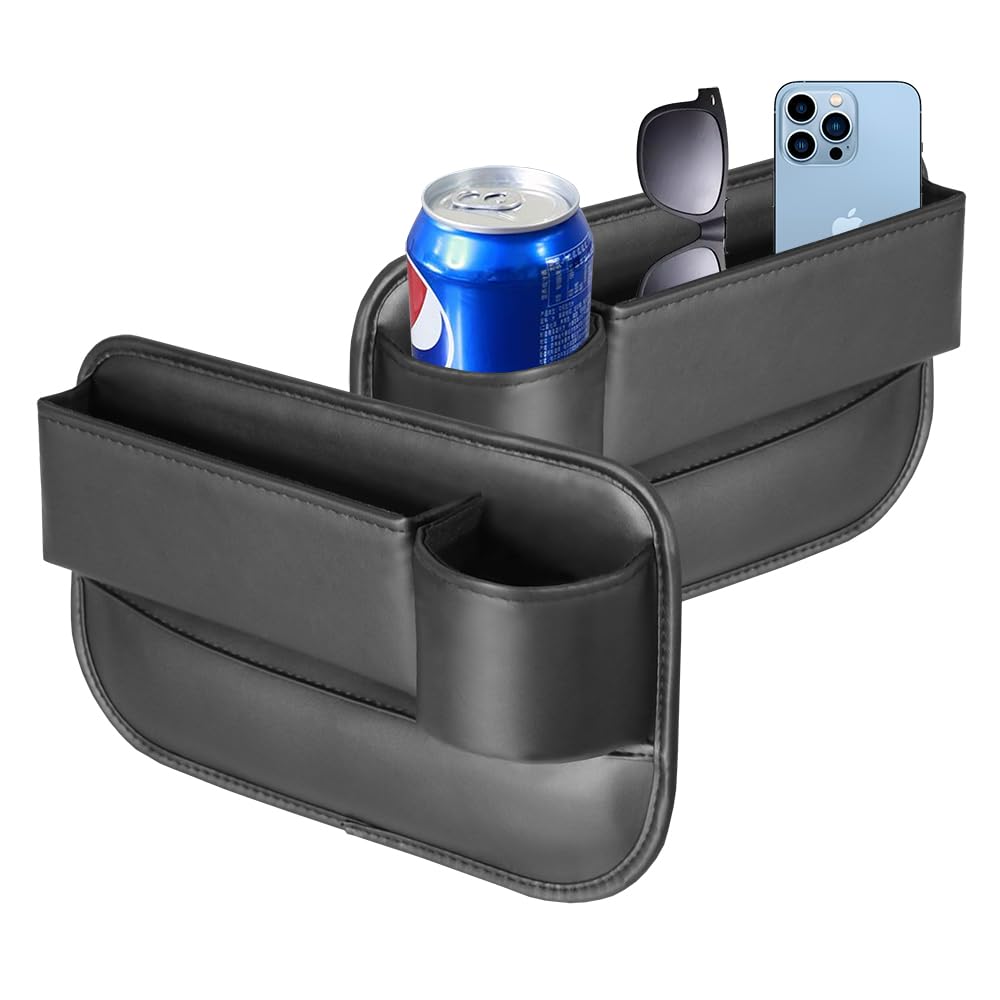 PU Leather Car Seat Gap Filler Organizer With Cup Holder, Storage Box For IPhone Wallet Cards Keys (Black, Main Driver+Copilot