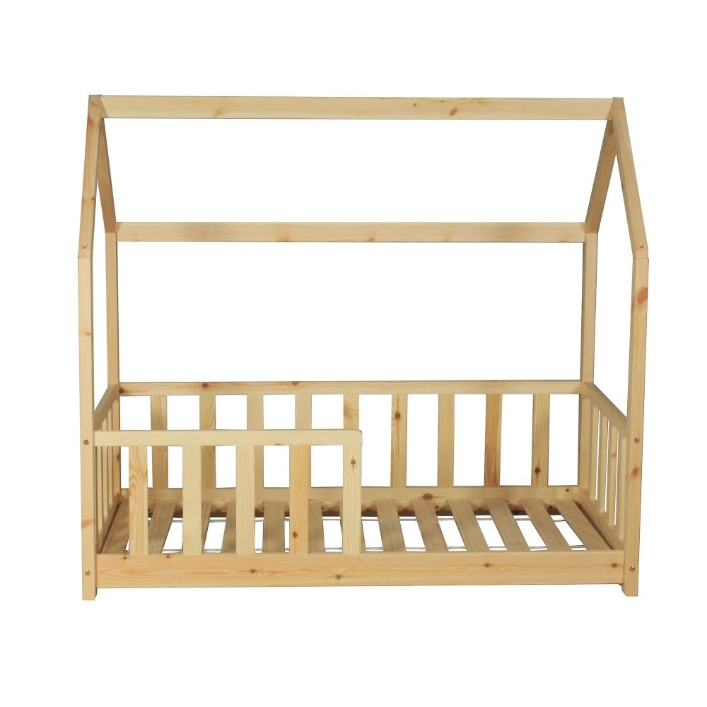 WEBER INDUSTRIES Lit cabane Kiwi 70x140 + 1 sommier + barrière/Bois Clair | 1 sommier inclus, Barrière incluse