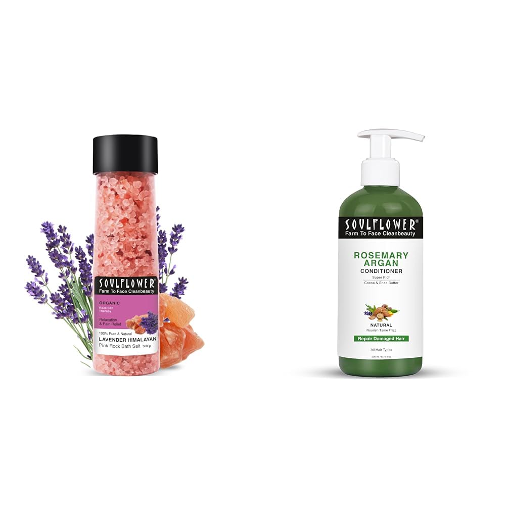 Soulflower Lavender Bath Salt Enriched with Himalayan Pink Rock Bath Salt for Relaxing Muscle Rosemary Argan Hair Conditioner-image-13