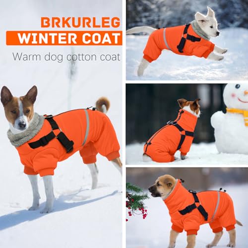Image of BRKURLEG Small Dog Winter Coat with Harness Built in, Orange Winter Dogs Jackets, Fullbody Dog Coat, Dogs Snowsuits Reflective Windproof Cold Weather Coats, Pet Warm Fleece Coats, XL
