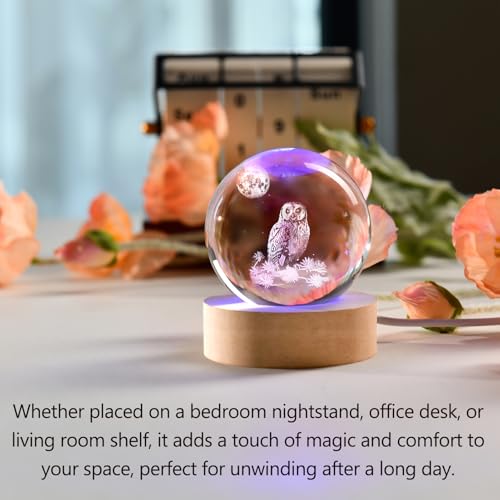 Image of 3D Owl Crystal Ball 60mm Owl Figurines in Crystal Ball Decor Collectibles Snow Globes Gift Glass Sphere with Wooden Light Base | Owl Figurines Room Decor Collectibles Snow Globes Gift for Friends Coworkers Glass Sphere with Wooden Light Base