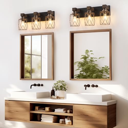 Image of 3-Light Black Gold Farmhouse Vanity Light, Wood & Metal Cage Shade | Mounted Over Mirror, Industrial Rustic Style, Ideal for Bathroom, Bedroom, Hallway & Living Room, Easy To Install