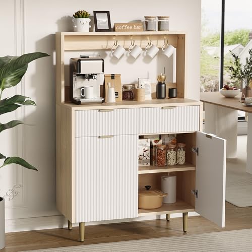 Fluted Sideboard Buffet Cabinet with Storage, Modern Coffee Bar Cabinet with Adjustable Shelves & 2 Drawers, Wood Buffet Console Table for Kitchen Dining Living Room Entryway Hallway, Natural