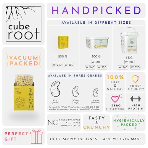 Image of Cube Root 100% Natural Whole Cashews 200g, W240 Grade (Large size), Vacuum Pack, Dry Fruits