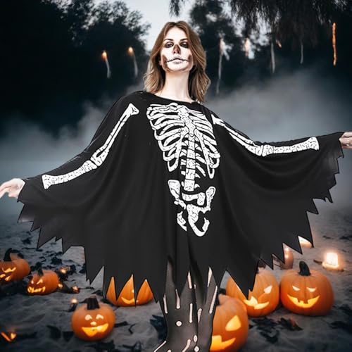 Disfraz Esqueleto Mujer,Disfraz Halloween Mujer Calavera,Poncho Esqueleto de Halloween Negro,Traje de Esqueleto para Día de Muertos,Blusa Esqueleto para Fiesta...