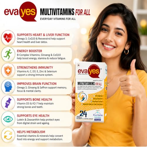 Image of Eva Yes Multivitamin for Men with Omega 3, CoQ10, Resveratrol, Ginseng, Saffron, Lutein & Zeaxanthin|Vitamin A, B-Complax, C, D3, E & K2-7| Support Stamina, Heart, Brain, Bone, Immunity & Metabolism