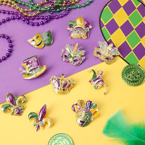 Image of 12PCS Crystal Mardi for Gras Brooches for Women | Fleur De Lis Mask Crown Design, Sparkling Mardi for Gras Jewelry Gift, Holiday Party Ladies Accessories