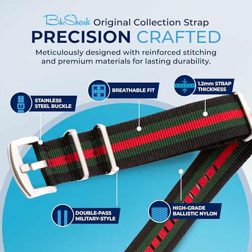 Image of BluShark - Original Collection Military-Style Waterproof Watch Strap, Fits All Timepiece Brands, Durable Nylon Wristwatch Accessories with Stainless Steel Buckle - 18mm, 20mm, 22mm & 24mm Watch Bands