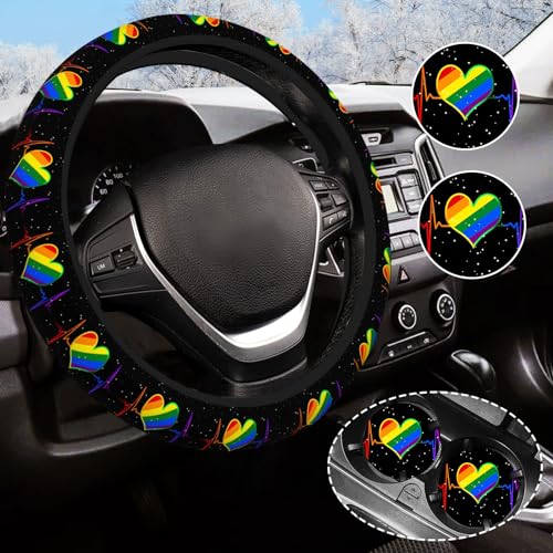 Rainbow Steering Wheel Cover with 2 Car Coasters
