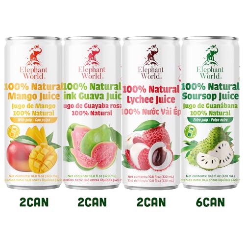 Image of ELEPHANT WORLD 100% Natural Juices | Assorted Superfruits | Soursop-Mango-Guava-Lychee | NO Sugar added | NOT From Concentrate | NON GMO | 12 Pack, 320 ML