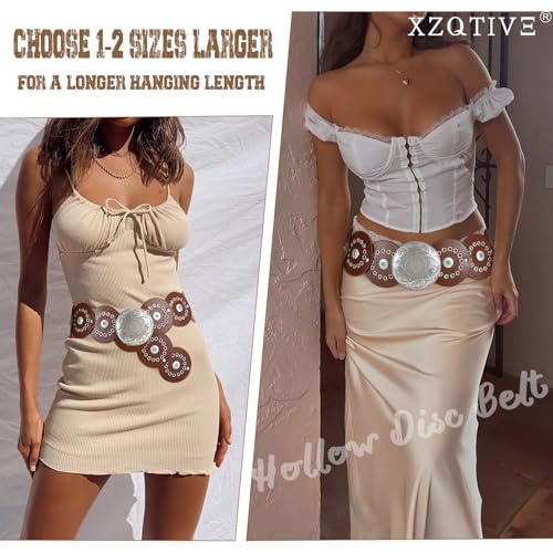 Image of XZQTIVE Western PU Leather Belts for Woman Concho Cowgirl Cowboy Disc Belt for Ladies Wide Boho Country Waist Belts for Dress