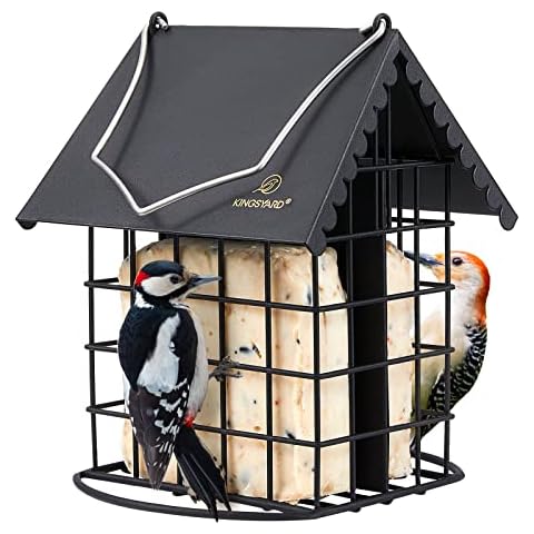 Kingsyard Double Suet Bird Feeder with Weatherproof Roof & Perch, All Metal, Suet Cakes Cage Bird Feeder for Outdoors Hanging, Easy to Clean & Refill, Black Cover