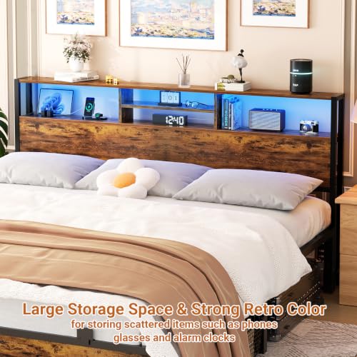 Image of Aheaplus Headboard for King Size Bed with Storage, Headboards with Outlets | King Size Head Board Only, USB Ports and LED Light, Height Adjustable, Reversible, Sturdy and Stable Headboard, Rustic Brown