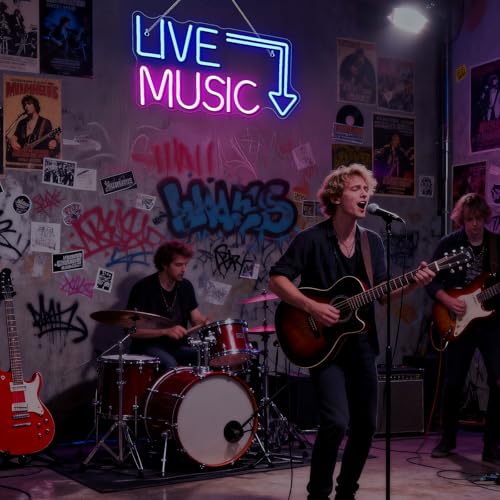 Image of Live Music Neon Sign LED Neon Sign Large Blue and Pink Words for Music Studio USB Powered Switch for Wall Decor Beer,Bar,Bedroom,Party,Club