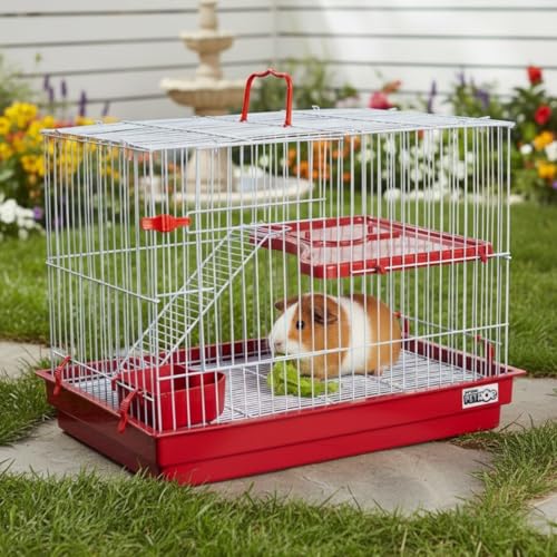 Gaiola para Roedores com Andar Elevado, Escada Aramada, Bandeja Higiênica, Ideal para Coelho, Porquinho da Índia, Chinchila, Vermelho