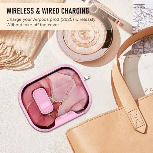Image of Compatible Airpods Pro 3 Case (2025) with Phone Stand & Cleaner Kit,Print Soft Silicone Lock Clip Apple AirPods Pro 3rd Generation Case, Airpod Pro 3 Cover with Keychain for Women /Girls,Pink Marble