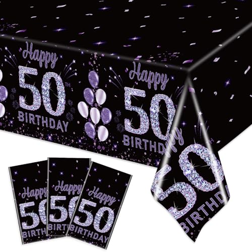 Image of Ganeen 3 Pack 50th Birthday Tablecloth Purple Black Happy 50th Birthday Decorations Disposable Plastic Rectangular Table Cover for Party Supplies Women Men, 108 x 54 Inch