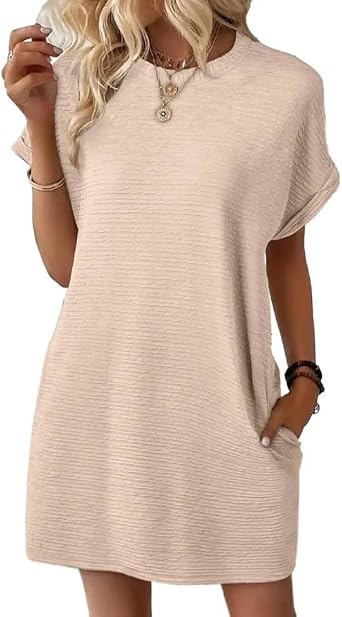 2026 New Womens Lightweight Summer Short Sleeve Dress with Pockets, Crewneck Casual Beach Vacation Dresses