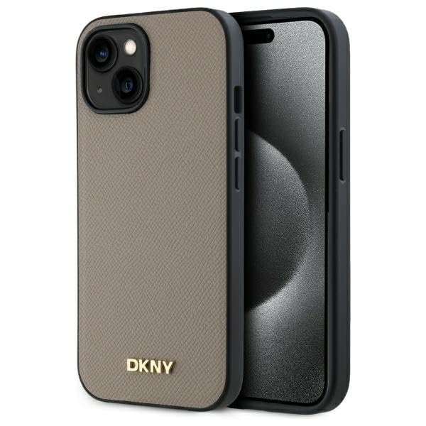 CG Mobile DKNY DKHMP15SPGHLME Coque pour iPhone 15 6,1 Pouces Beige Licence Logo en métal grainé Compatible avec MagSafe
