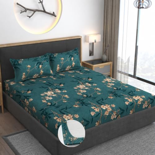 Image of Premium Heavy Cotton Elastic Fitted Bedsheets with 2 King Size Pillow Covers || Double Bed with All Around Elastic 350 TC || 72 x 78 x 10 Inch King Size Fitted || - Green Flower