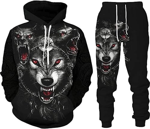 PALANK 3D Wolf Trainingsanzug Sportanzug Hoodies Hose 2 Stück Set Herren wolf Trainingsanzug Casualb Streetwear Anzug (wolf9,2XL)