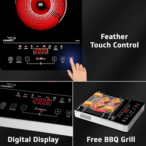 Image of V-Guard VIRC 02 2000 W Electric Infrared Induction Cooktop | Compatible with All Utensils | Touch Panel Control | Stainless Steel Body | Free BBQ Grill | 1 Year Coverage