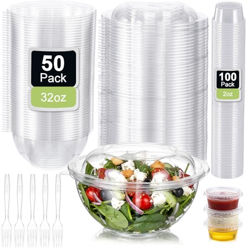LemonRoad 50 Pack 32 oz Disposable Plastic Salad Bowls with