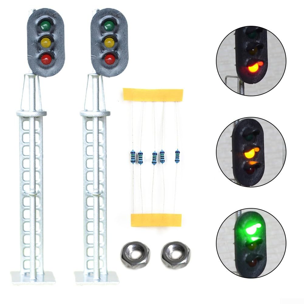 2Pack O Scale Model Train Block Signals 3 Aspects Railway LED Light Silver with Screw Base for Easy Installation