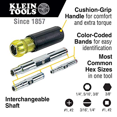 Klein Tools 32800 Nut Driver, 6-in-1 NutDriver Set, SAE Standard Six Point Hex Sizes with Heavy Duty Hollow Shaft