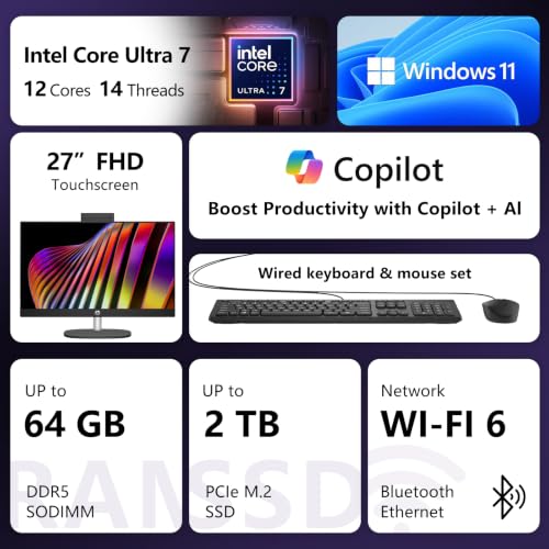 Image of HP 27 inch FHD Touchscreen Ultra 7 255U All-in-One Desktop, 16GB DDR5 512GB SSD | Wired Keyboard & Mouse, Wi-Fi 6, Copilot AI PC, Pop-up Privacy Camera, Windows 11 Pro, Bundle with 64GB Flash Drive