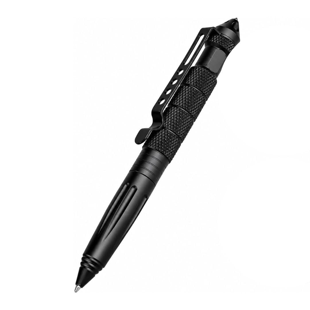 Bolígrafo Táctico Multifunción Aluminio Negro, Herramienta Supervivencia Compacta con Rompecristales Emergencia, Accesorio Camping Senderismo Outdoor Militar EDC