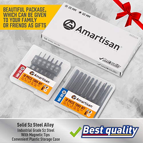 Torx Bit Set, Amartisan 24-Piece Security Torx Bit Set, Tamper Resistant Star Bits Set S2 Steel, 1