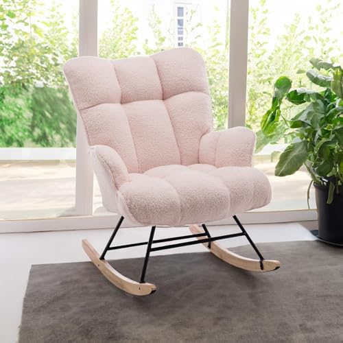 Image of SAETSFEG Nursery Rocking Chair Teddy, Upholstered Glider Rocker with High Backrest, Comfortable Stylish Accent Armchair with Padded Seat for Living Rooms, Bedrooms, Pink