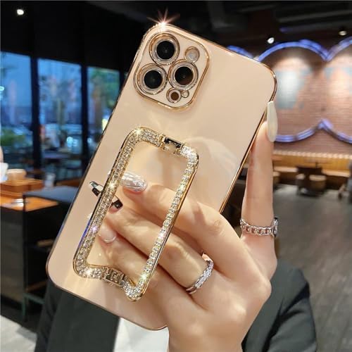 Coque iPhone 14 Pro Max rose paillettes avec support métal