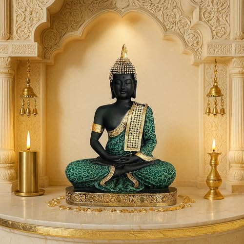 Image of Beautiful Resin Meditating Buddha Statue for Home Decor (Pack of 1, Green & Black)