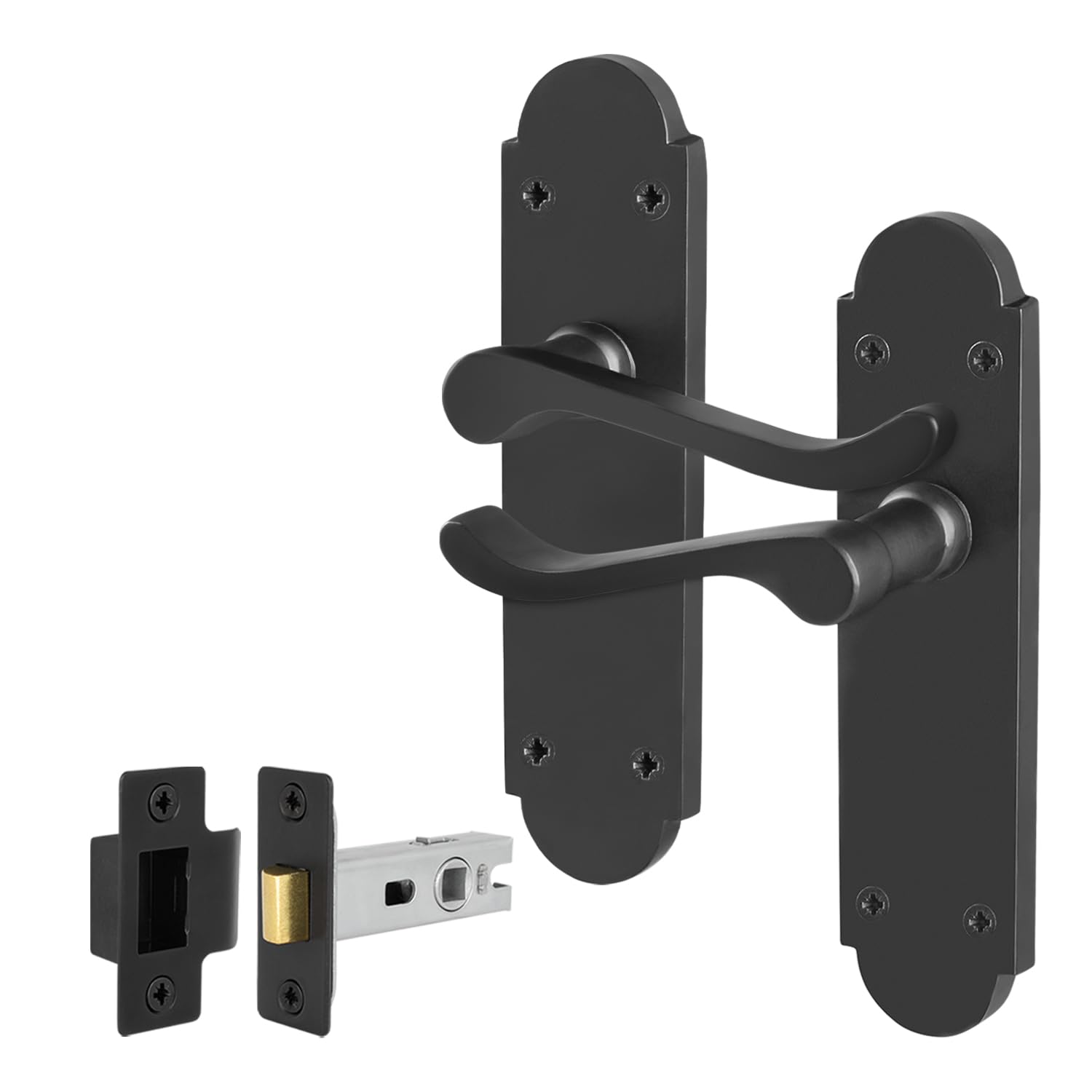 Eai Matt Black Black Door Handles With Latch, 1 Pair Internal Victorian Scroll Shaped Backplate, Latch 64Mm