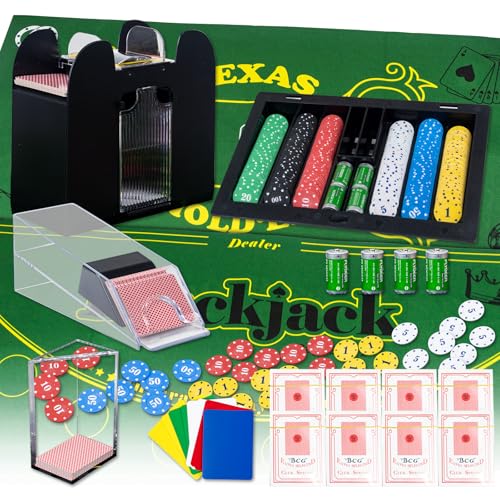 Casino Table Game Set Blackjack/Texas Holdem/Poker Set with Card Shoe Discard Tray Automatic Shuffler Chip Rake 360Chips 8 Deck Playing Card Double-sided feltGreen 10 Cut Cards Casino Poker Set
