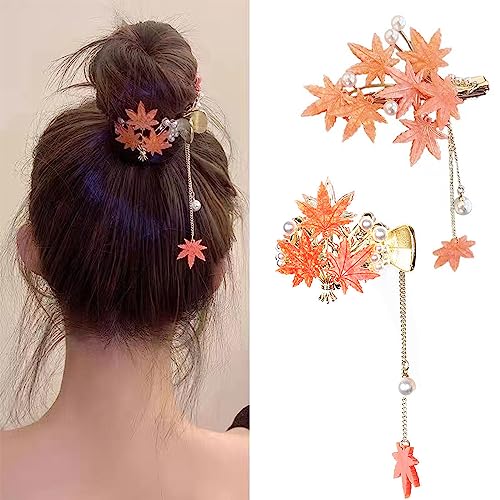 2 Piezas Pinzas para el Cabello con Diseño de Hoja de Arce, Borlas Vintage, Clips Antideslizantes de Metal para Mujer miniatura 1