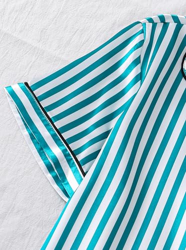 Image of Remidoo Women's Silk Satin Pajama Set Striped Button Down Pjs Short Sleeve Loungewear Green X-Large